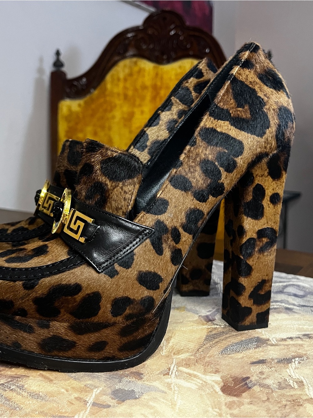 Versace Leopard-Print Platform Block Heel Pumps - Brown & Black - Picture 3 of 5